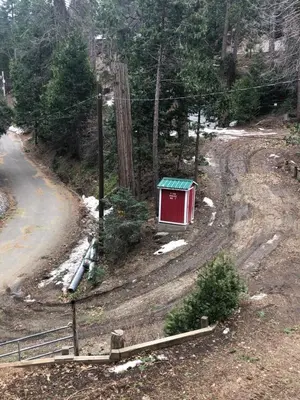 a red box sitting on the side of a road at sequoia National Forest CabinH in Panorama Heights