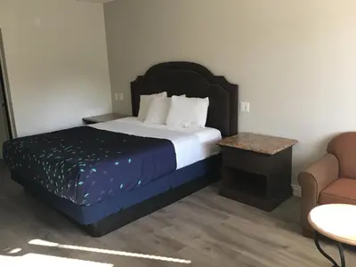 a hotel room with a bed and a chair at PASADENA LODGE in Pasadena