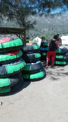 a group of tires stacked on top of each other at SoCal Camping in Kernville