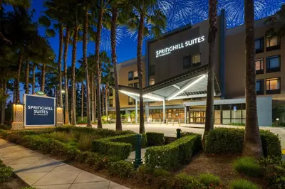 a building with palm trees in front of it at Springhill Suites by Marriott Anaheim Maingate in Anaheim