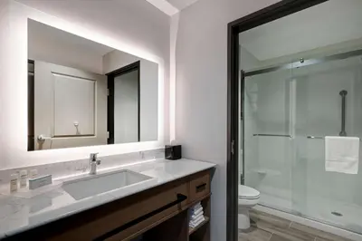 a bathroom with a sink and a toilet and a mirror at Homewood Suites By Hilton Santa Clarita/Valencia, Ca in Santa Clarita