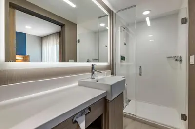 a bathroom with a sink and a shower and a mirror at SpringHill Suites by Marriott Anaheim Placentia Fullerton in Placentia