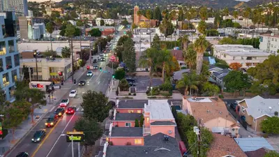 an aerial view of a city with cars on a street at Art Deco by AvantStay in Los Angeles