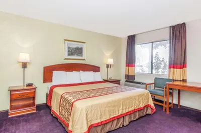 a hotel room with a bed and a desk at Super 8 by Wyndham Bakersfield/Central in Bakersfield