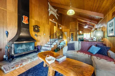 a living room with a couch and a fireplace at Alpine Dream in Crestline