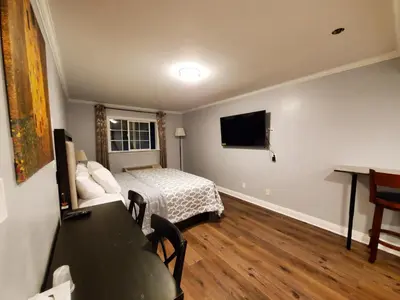 a bedroom with a bed and a table and a television at Hotel Europa in Smeltzer