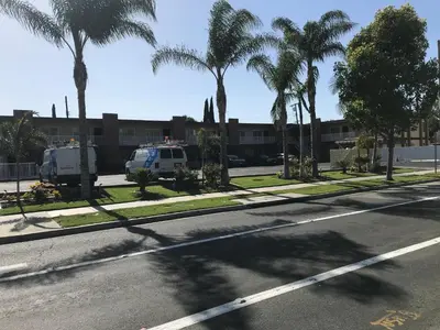 an empty street with palm trees and a van at Abby's Anaheimer Inn - Across Disneyland Park in Anaheim