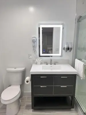 a bathroom with a toilet and a sink and a mirror at Omeo Suites in Alhambra