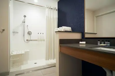 a bathroom with a shower and a sink and a mirror at Fairfield by Marriott Inn & Suites Palmdale West in Palmdale