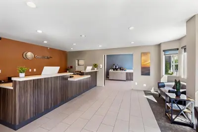 a lobby of a hospital with a reception desk and a waiting room at Good Nite Inn Calabasas in Calabasas