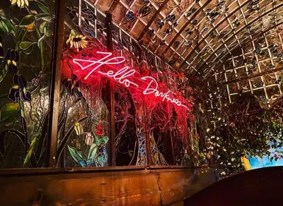 a neon sign in the window of a store at Petit Ermitage in Los Angeles