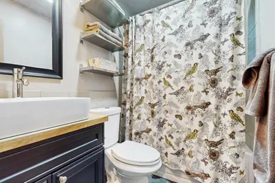 a bathroom with a shower curtain with a toilet and a sink at Wooded Comfort in Lake Arrowhead