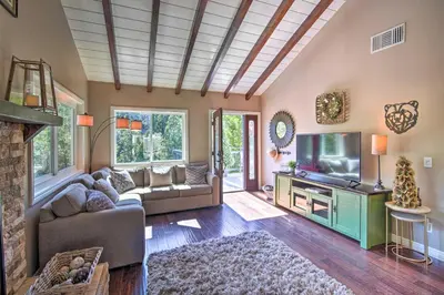 a living room with a couch and a tv and a fireplace at Tree-Lined Twin Peaks Cottage with Custom Stream in Twin Peaks