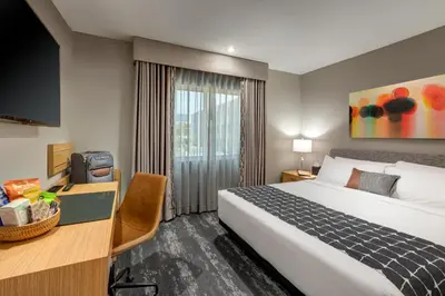 a hotel room with a bed and a desk and a tv at Olivia Hotel in Los Angeles