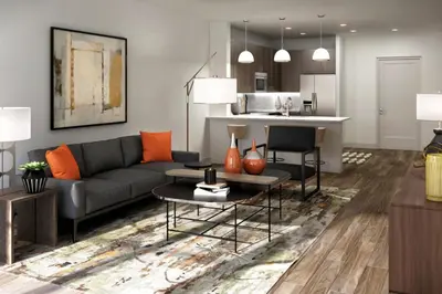 a living room with a couch and a table at ViewPoint Suites in Los Angeles