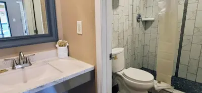 a bathroom with a toilet and a sink and a shower at RUBY MOTEL in Long Beach