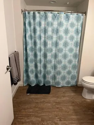 a bathroom with a shower curtain and a toilet at Incredible Hollywood Loft Free Parking in Los Angeles