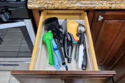 a drawer filled with utensils in a kitchen at Dreamy & Relaxing Gem With Backyard - 12mins to DT LA in Alhambra