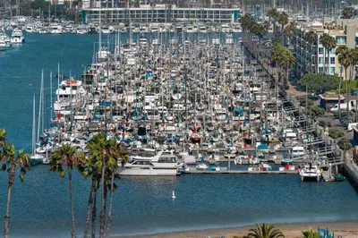 an aerial view of a marina with many boats at The tulip Marina Highrise with ocean view in Los Angeles
