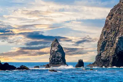 a view of two large rocks in the ocean at Sailaway Cabin A in Ventura