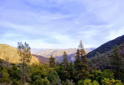 a view of a valley with trees and mountains at Quiet Mind Lodge, Spa & Retreat Sequoias in Kernville