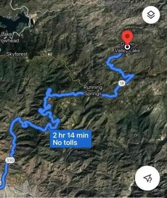 a map of a river with a red marker at Snow Bunny Cottage, Pets Welcomed! in Green Valley Lake