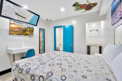 a bedroom with a large bed and a sink at Royal Hawaiian Inn - Mid City, Los Angeles in Los Angeles