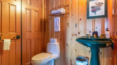 a bathroom with a toilet and a sink at Shoreline Lakehouse by AvantStay Majestic Lakefront Cabin w Hot Tub Fire Pit in Big Bear Lake
