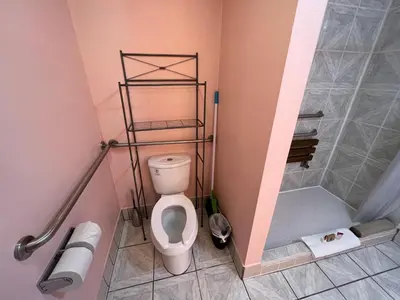 a bathroom with a toilet and a walk in shower at Frazier View Motel in Frazier Park