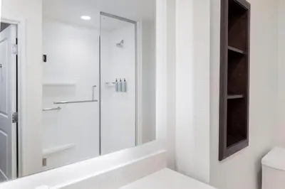 a bathroom with a shower with a glass door at Residence Inn by Marriott Anaheim Brea in Brea