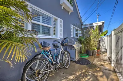 a bike parked against the side of a house at Walk to Ventura Beach Comfy Home with Ocean Views in Ventura
