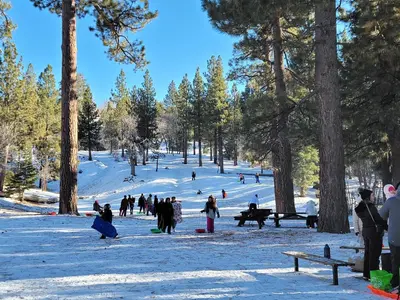 a group of people in a park in the snow at Four Seasons Getaway-Private Hot Spa with Pine Tree Views-Walk to Village and Pineknot Trailhead-Plus King Bed! in Big Bear Lake