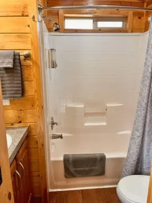 a bathroom with a shower with a toilet and a sink at Adorable little cabin #21 in Kernville