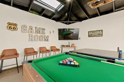a billiard room with a pool table and a game room at Gameroom Sofi Stadium Forum Backyard BBQ in Hawthorne