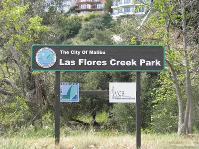 a sign for the city of malibu las flores greek park at Malibu Secluded Escape Ocean View Zen House in Malibu