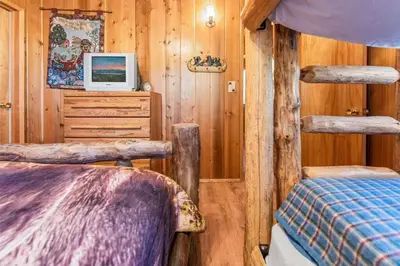 a bedroom with two beds and a tv in a cabin at Paradise Cabin in Big Bear City