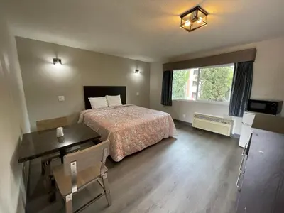 a bedroom with a bed and a desk and a window at Villa Inn Anaheim in Anaheim