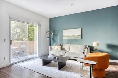a living room with a couch and a table at Hollywood 1BR w Gym Pool Spa nr Sunset LAX-55 in Los Angeles