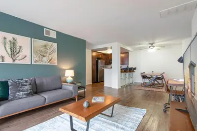 a living room with a couch and a table at Hollywood 1BR w Gym Spa Pool nr Metro LAX-52 in Los Angeles