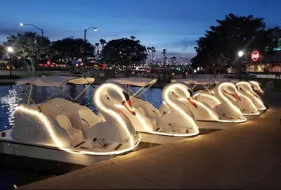 a row of swans are lined up in the water at Cozy Sunny Brand-new Apt 1 Block From The Beach in Long Beach