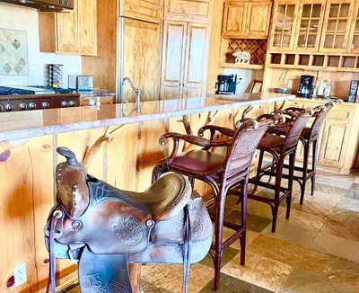 a kitchen with a statue of an elephant on a counter at Big Bear Village View Haus is a large pet and kid friendly chalet with hot tub located a short walk to village in Big Bear Lake